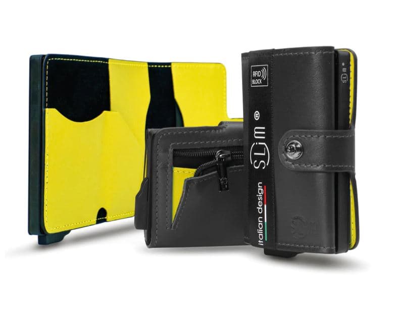 PORTA CARTE ARIES IN VERA PELLE NERO E GIALLO CON ZIP PORTA MONETE